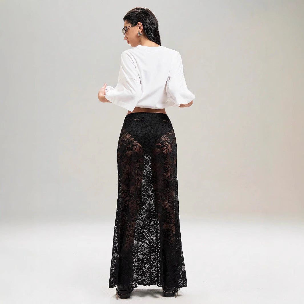 Damen nan weites Baumwollshirt und langer transparenter Spitzenrock R&B