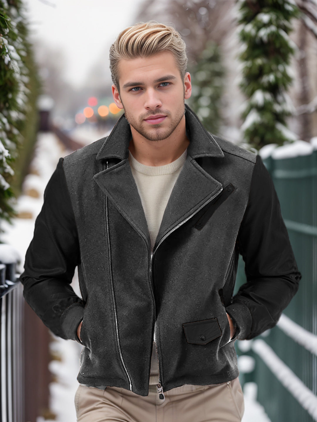 Herren modische Übergangsjacke mit kontrastierenden Ärmeln und praktischen Taschen R&B
