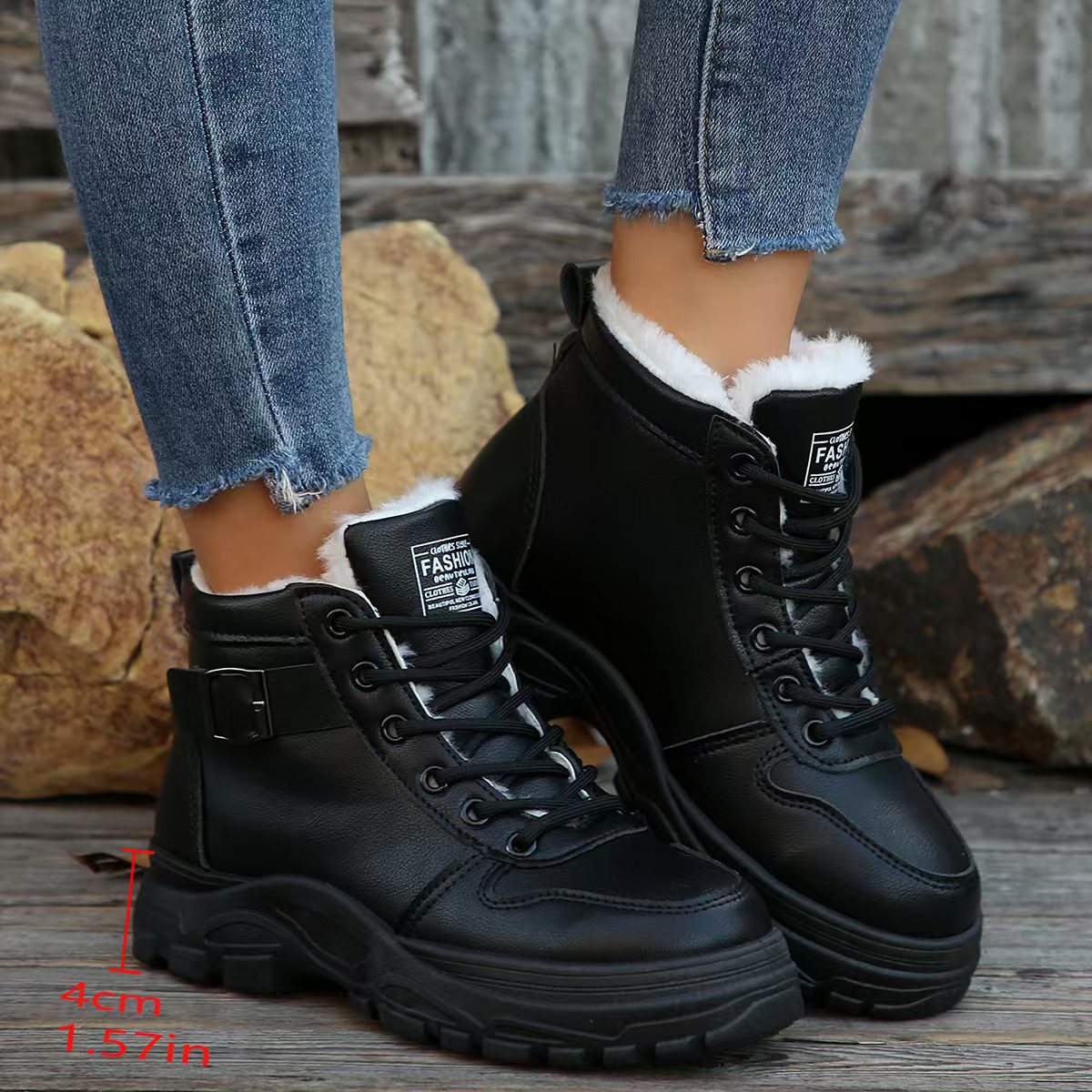 Damen modische Schnürstiefel mit warmem Fleece-Futter und rutschfester Sohle R&B