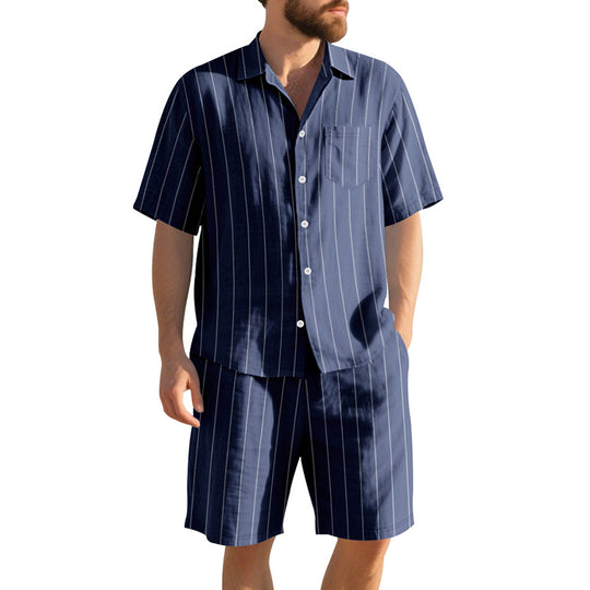 Herren Kurzarm-Pyjama-Set mit dezentem Streifenmuster und praktischer Brusttasche R&B