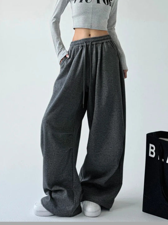 Damen lässige High-Waist Jogginghose mit weitem Bein und elastischem Bund R&B