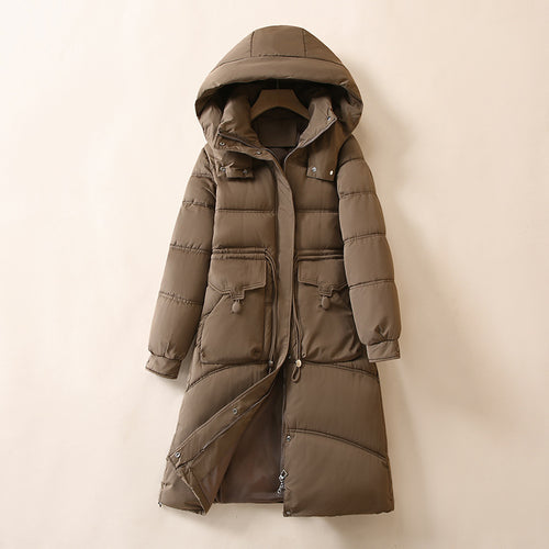Damen Lange, warme Pufferjacke mit praktischen Taschen und Kapuze R&B