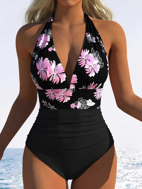 Damen Einteiler Badeanzug mit floralem V-Ausschnitt und hohem Taillenbund R&B