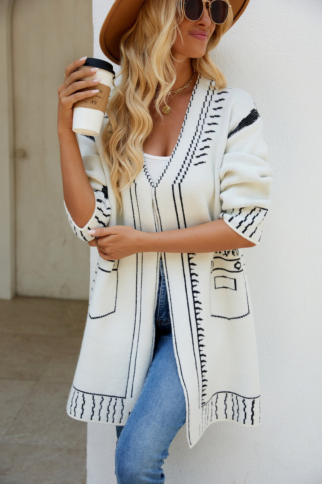 Damen Langarm Cardigan mit grafischem Design und praktischen Taschen R&B