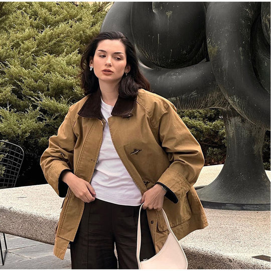 Damen modische Utility-Jacke mit klassischem Kragen und praktischen Taschen R&B