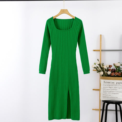 Damen Langarm-Strickkleid mit Quadratausschnitt und Rippstruktur R&B
