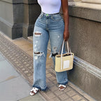 Damen Hohe Taille Destroyed Jeans R&B