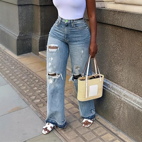 Damen Hohe Taille Destroyed Jeans R&B