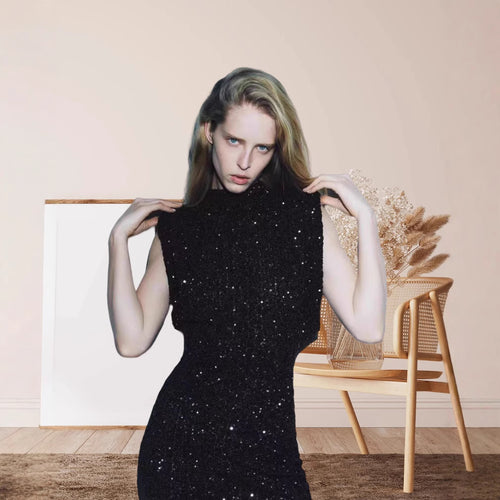 Damen Elegantes Cocktailkleid mit funkelndem Paillettendesign und hochgeschlossenem Stehkragen R&B