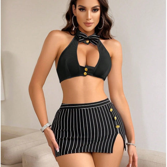 Damen Set mit Haltertop und kurzer gestreifter Rock R&B