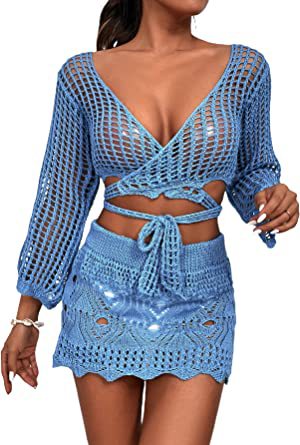 Damen gehäkeltes Crop-Top und Minirock-Set mit eleganten Binde-Details R&B