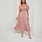 Damen Maxikleid mit Puffärmeln und elastischem Oberteil R&B