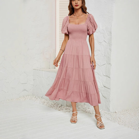 Damen Maxikleid mit Puffärmeln und elastischem Oberteil R&B