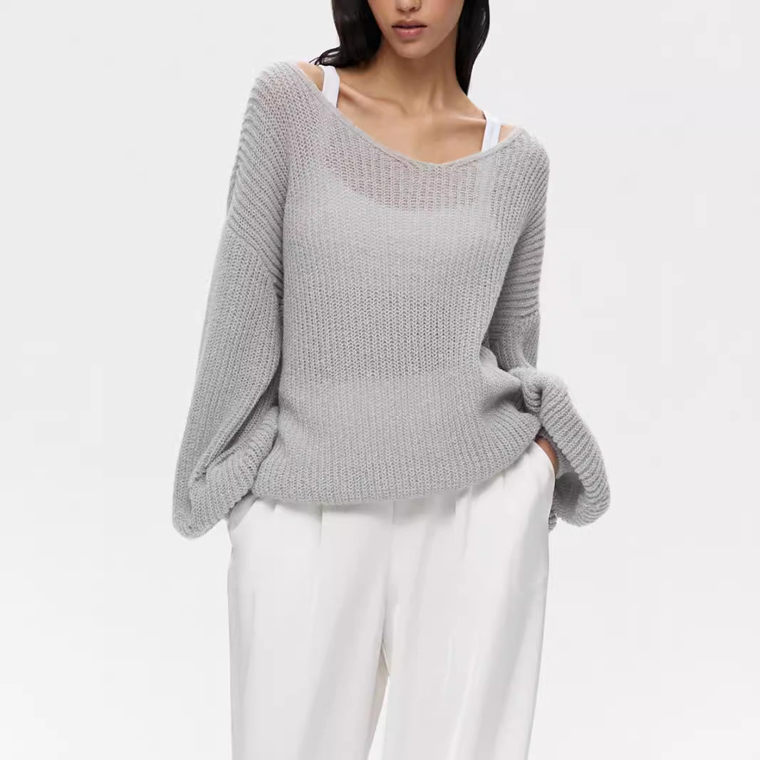 Damen lässiger Strickpullover mit weiten Ärmeln und tiefem V-Ausschnitt R&B