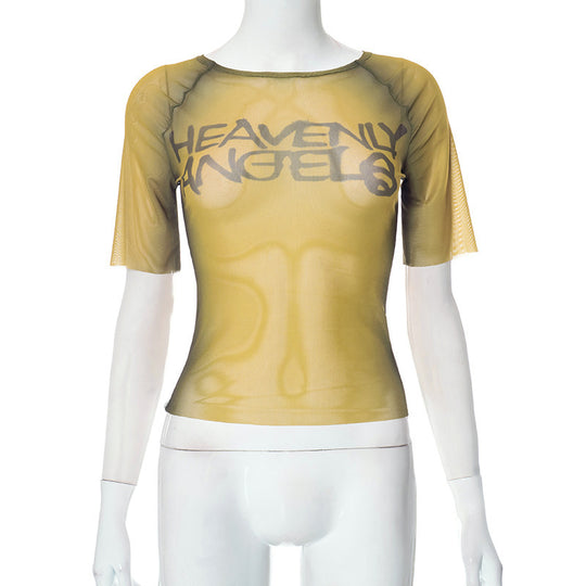 Damen transparentes Kurzarmshirt mit grafischem Schriftzug R&B