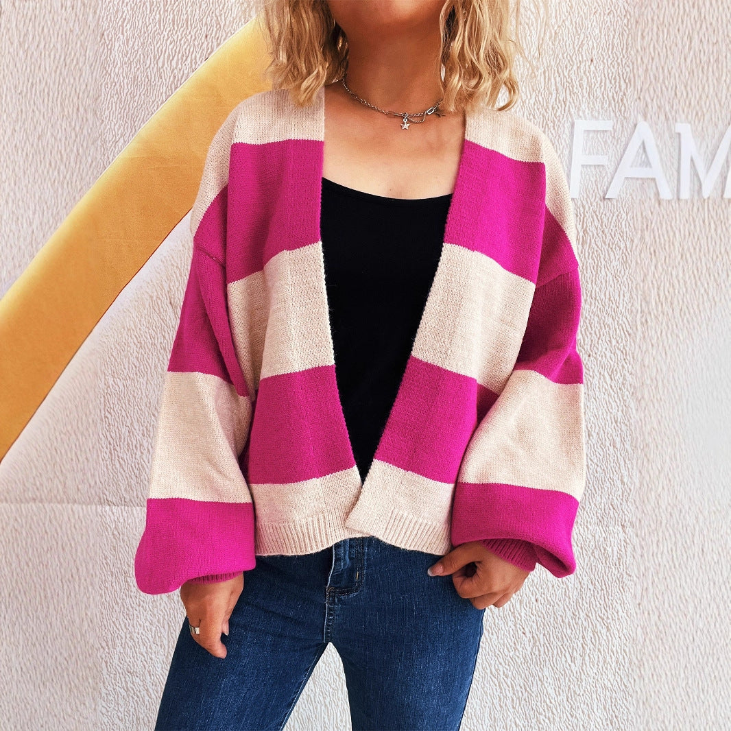 Damen lässige Strickjacke mit breitem Streifenmuster und extra weitem Schnitt R&B