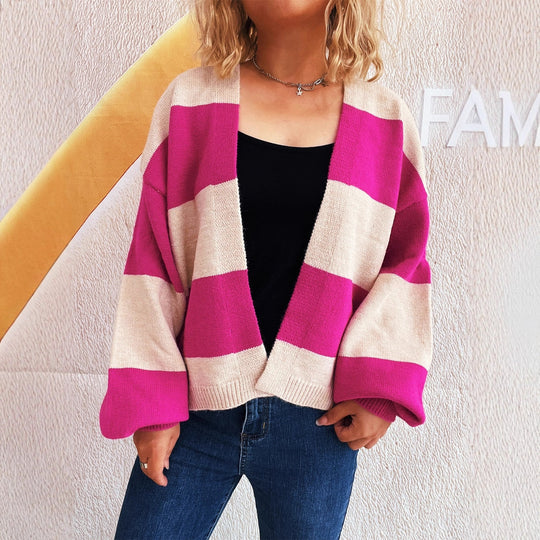 Damen lässige Strickjacke mit breitem Streifenmuster und extra weitem Schnitt R&B