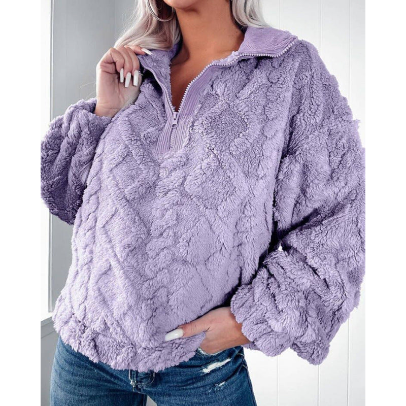 Damen Fleece-Pullover mit halbem Reißverschluss und strukturiertem Design R&B