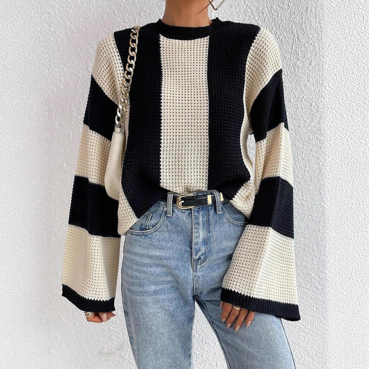 Damen Wabenstrick Pullover mit weiten Ärmeln R&B