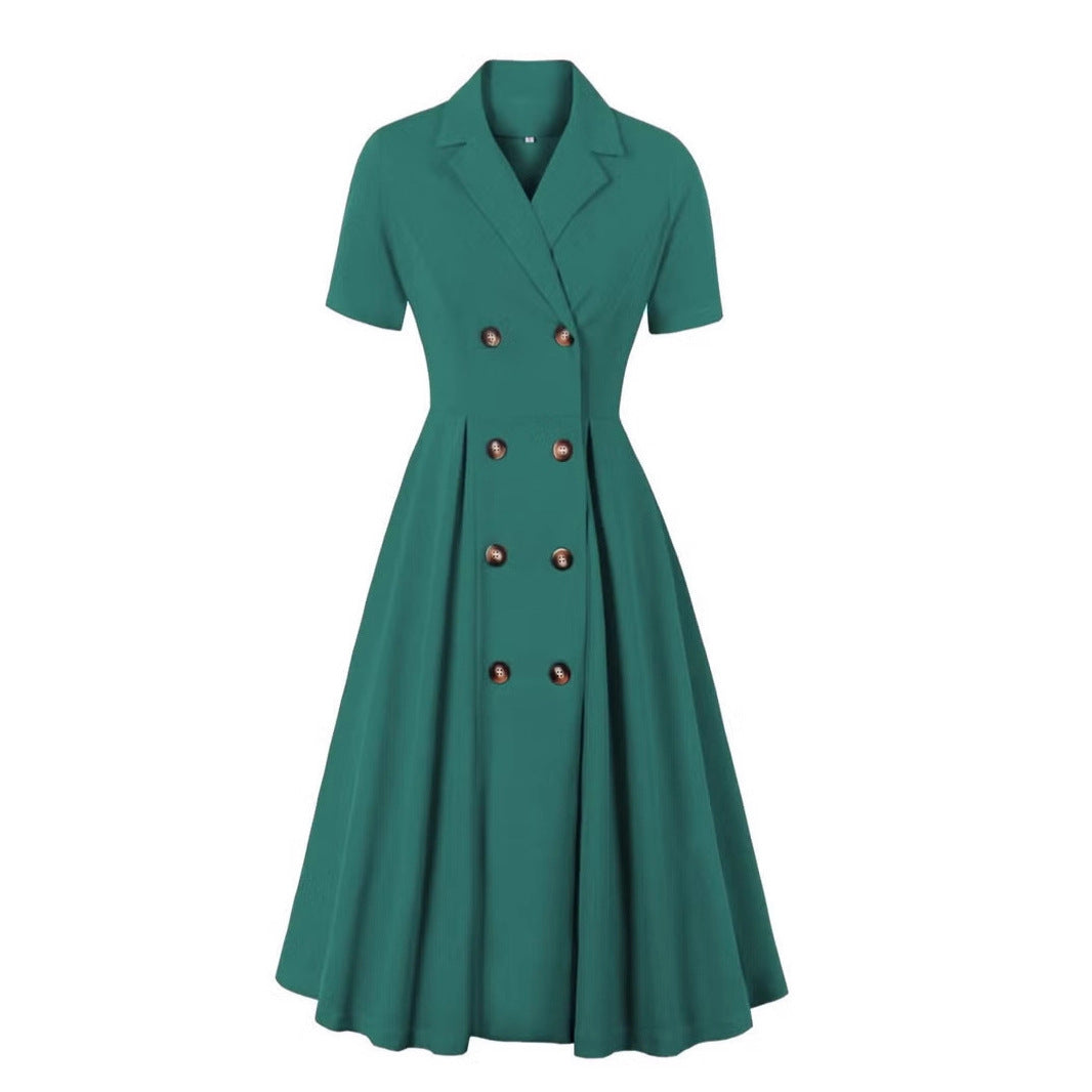 Damen elegantes Midikleid mit doppelter Knopfleiste und schwingendem Rock R&B