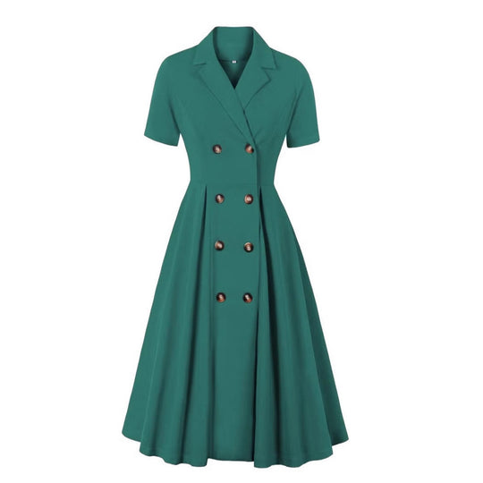 Damen elegantes Midikleid mit doppelter Knopfleiste und schwingendem Rock R&B