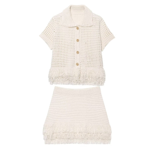Damen Kurzarm-Strickjacke mit fransigem Saum und dekorativen Knöpfen R&B
