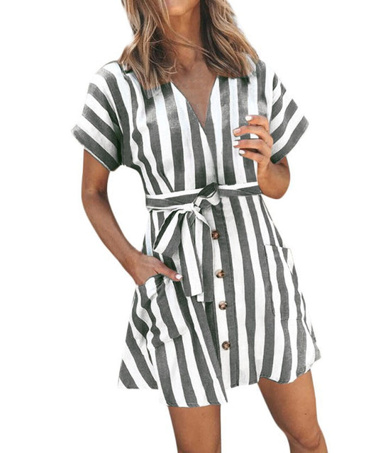 Damen Wickelkleid im modernen Streifenlook mit praktischer Knopfleiste und Taillengürtel R&B