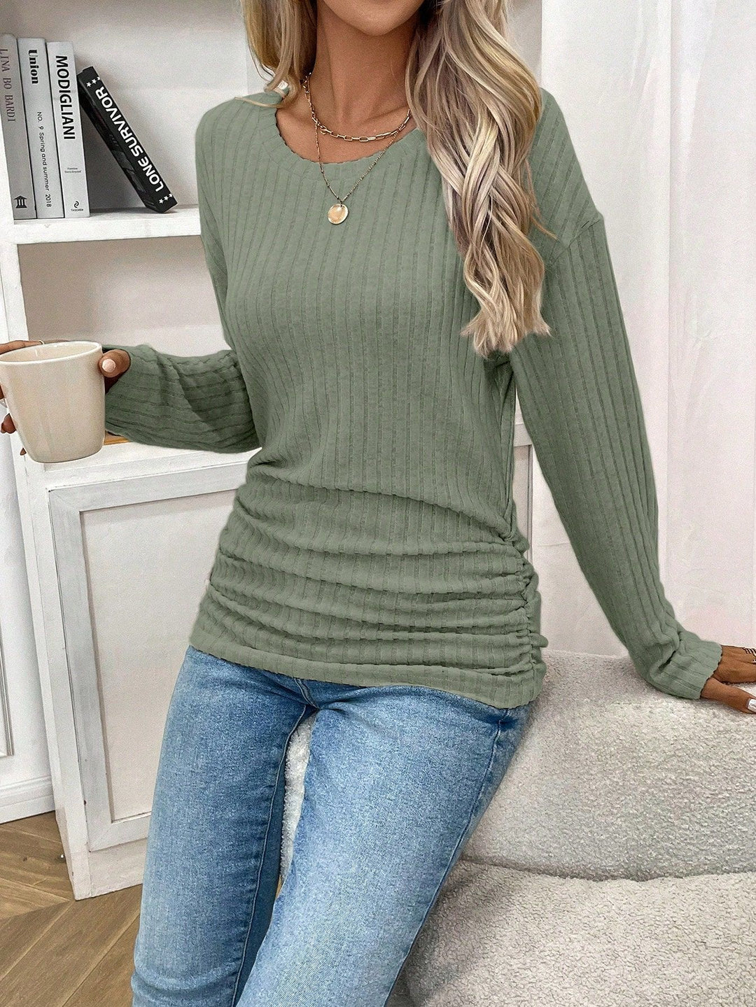 Damen Langärmliger Ripp-Pullover mit V-Ausschnitt und lässigem Schnitt R&B