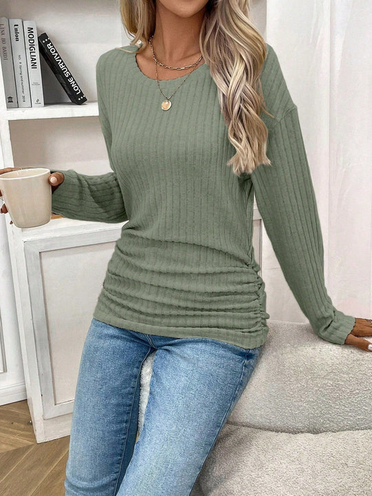 Damen Langärmliger Ripp-Pullover mit V-Ausschnitt und lässigem Schnitt R&B