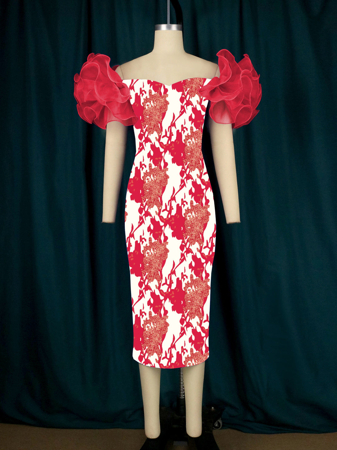 Damen Elegantes Midi-Kleid mit innovativen Puffärmeln und kunstvollem Druck R&B