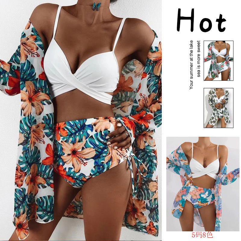 Damen Bikiniset mit floralem Kimono und hoch geschnittenem Oberteil R&B