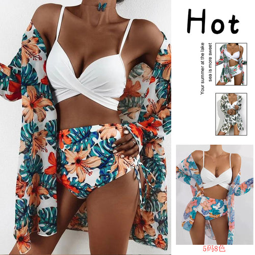 Damen Bikiniset mit floralem Kimono und hoch geschnittenem Oberteil R&B