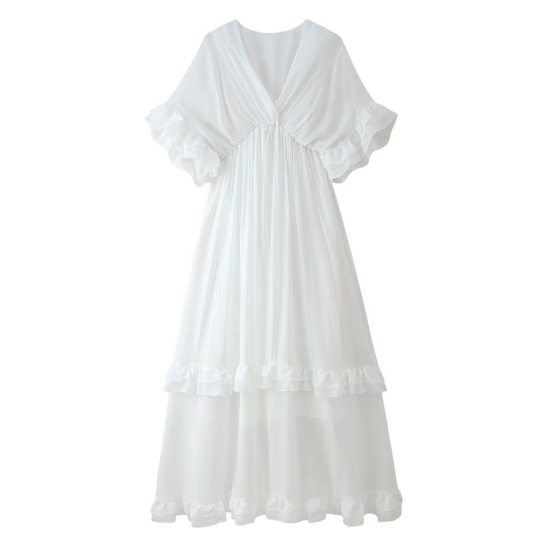 Damen Maxikleid mit voluminösen Rüschendetails und elegantem V-Ausschnitt R&B