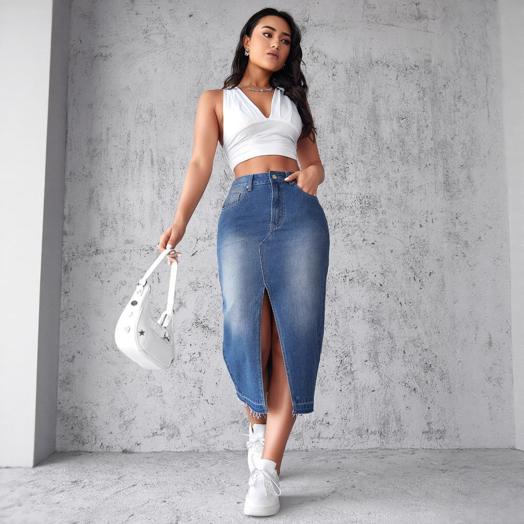 Damen Denim-Midirock mit hohem Schlitz und fransigem Saum R&B