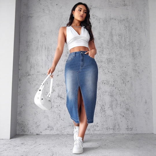 Damen Denim-Midirock mit hohem Schlitz und fransigem Saum R&B
