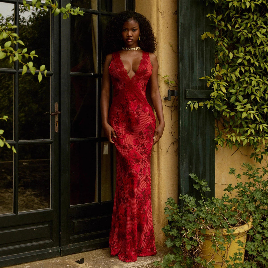 Damen nan figurbetontes Abendkleid im Meerjungfrauen-Schnitt mit tiefem V-Ausschnitt und floralem Spitzenbesatz R&B