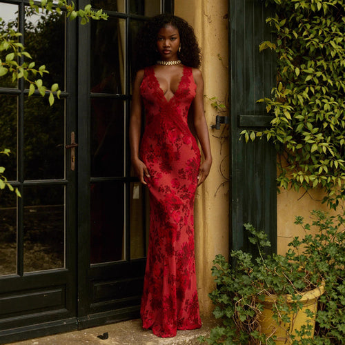 Damen nan figurbetontes Maxikleid im Meerjungfrauen-Schnitt mit tiefem V-Ausschnitt und floraler Spitzenapplikation R&B
