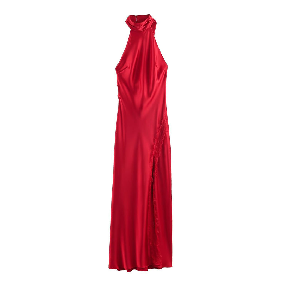Damen Lange Abendrobe mit elegantem Kragen und Spitzenakzenten R&B