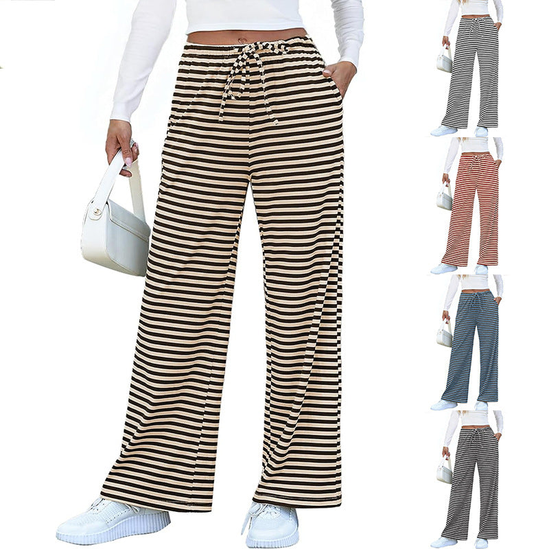Damen weite Streifenhose mit elastischem Bund und Kordelzug R&B