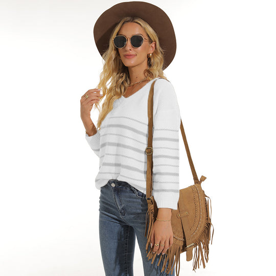 Damen lässiger Pullover mit modernem Streifenmuster und V-Ausschnitt R&B