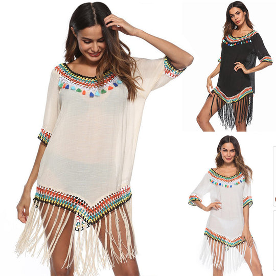 Damen Strandüberwurfkleid mit fransigem Saum und buntem Häkelmuster R&B