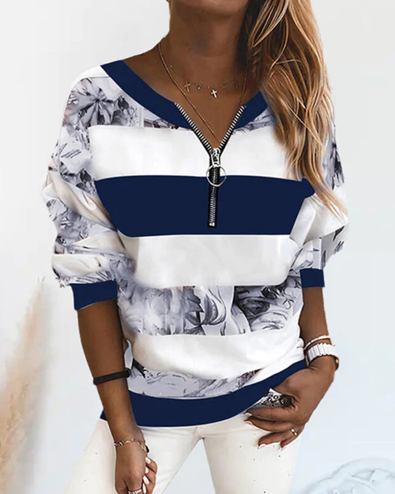 Damen nan weit geschnittenes Sweatshirt mit Ringreißverschluss, Blockstreifen und floralem Einsatz R&B