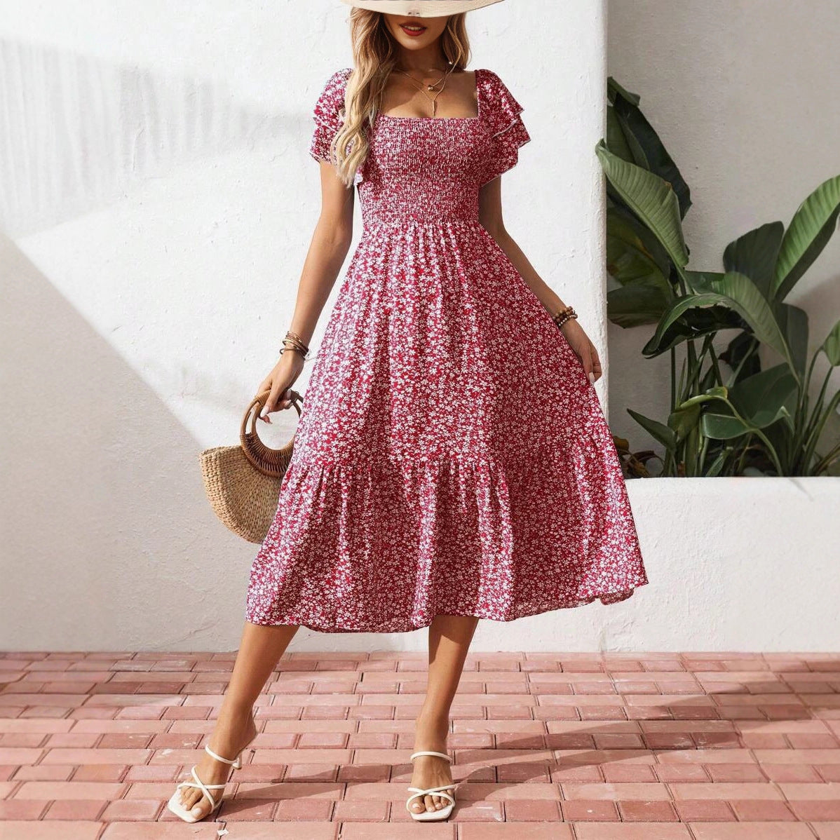 Damen Off-Shoulder Maxikleid mit floralen Mustern und elastischem Oberteil R&B