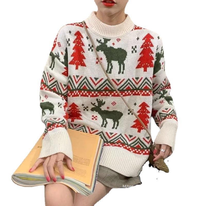 Damen Grobstrickpullover mit festlichem Rentier-Motiv und Rundhalsausschnitt R&B