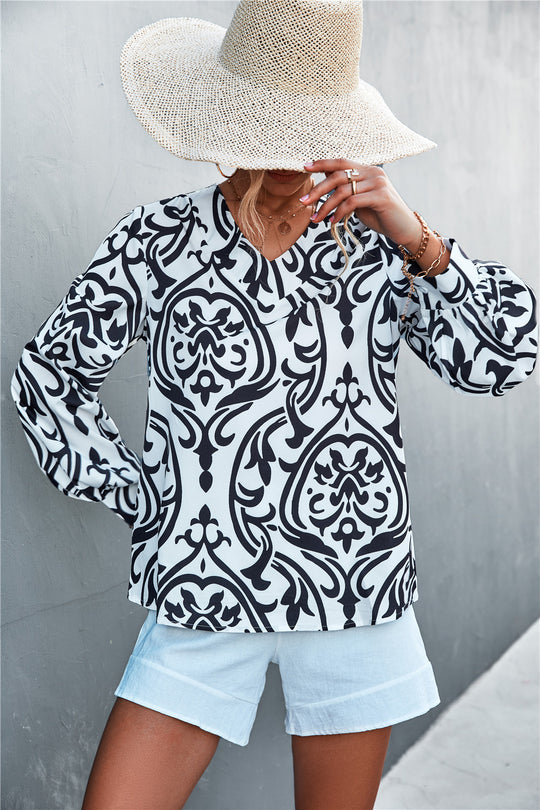 Damen Bluse mit elegantem Barockmuster und lässigen Puffärmeln R&B