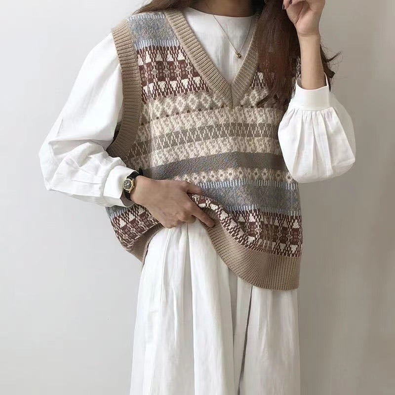 Damen Ärmellose Strickweste mit V-Ausschnitt und Muster R&B