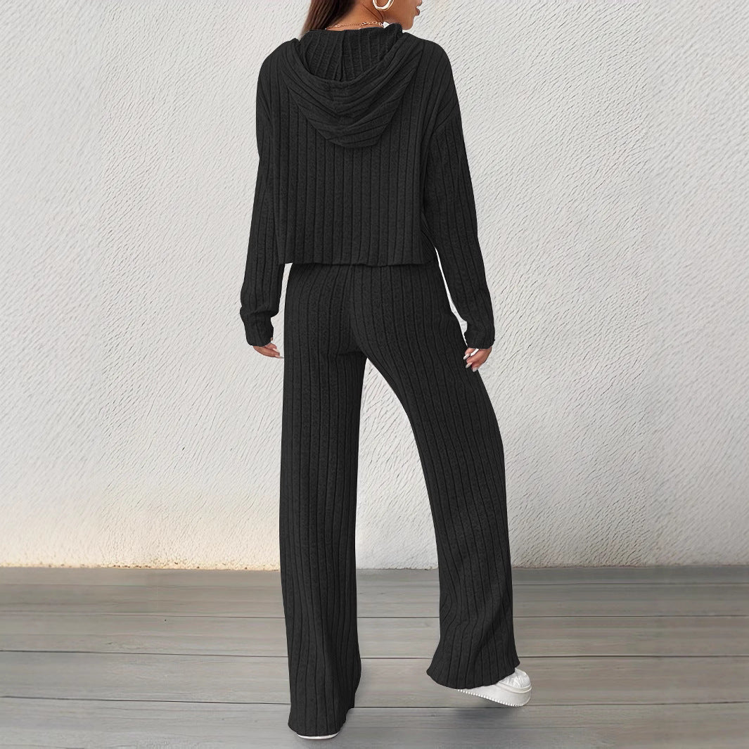 Damen lässiges Strick-Lounge-Set mit Kapuze und weitem Schnitt R&B