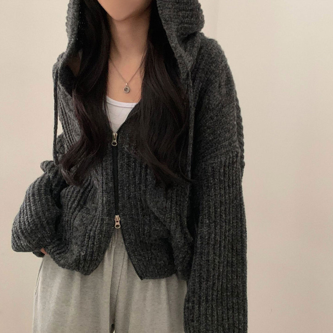 Damen Bequemer Strickjacke mit Kapuze und Reißverschluss R&B
