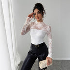Damen Elegantes Spitzenoberteil mit hochgeschlossenem Kragen und langen Ärmeln R&B