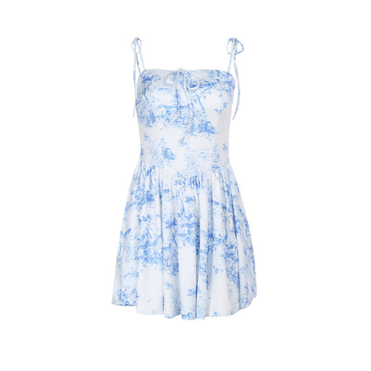Damen verspieltes Midikleid mit Spaghetti-Trägern und floralen Motiven R&B